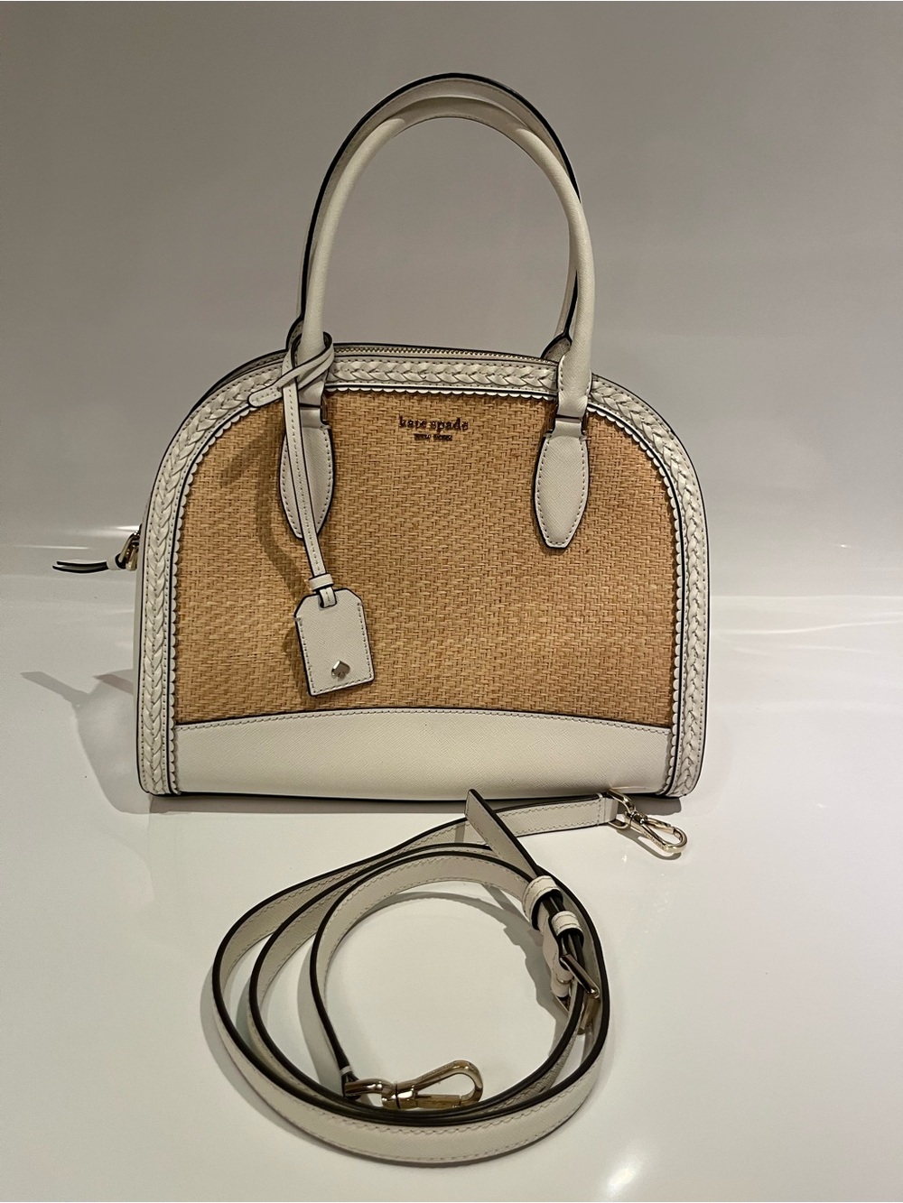 kate spade White & Natural Straw Dome Satchel with Detachable Strap